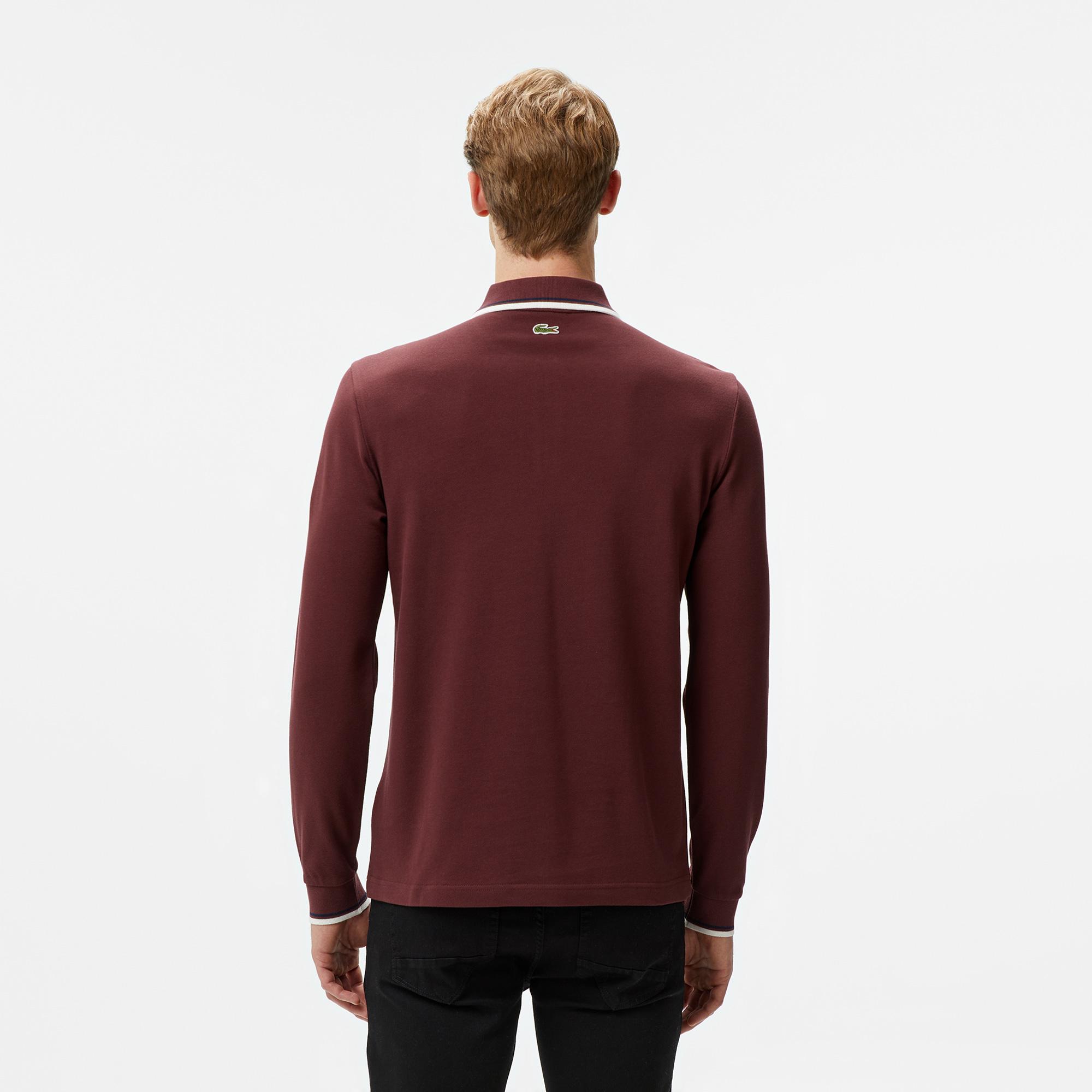 Erkek Regular Fit Uzun Kollu Yarım Fermuarlı Bordo Polo