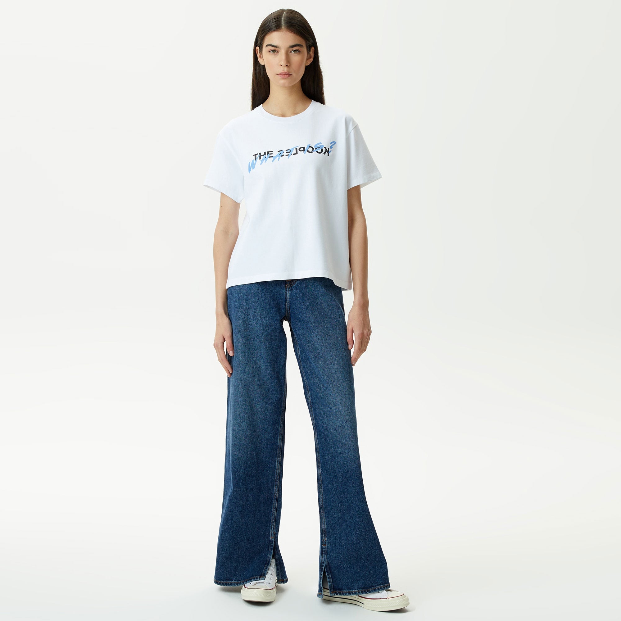 KADIN BASKILI BİSİKLET YAKA BEYAZ T-SHIRT