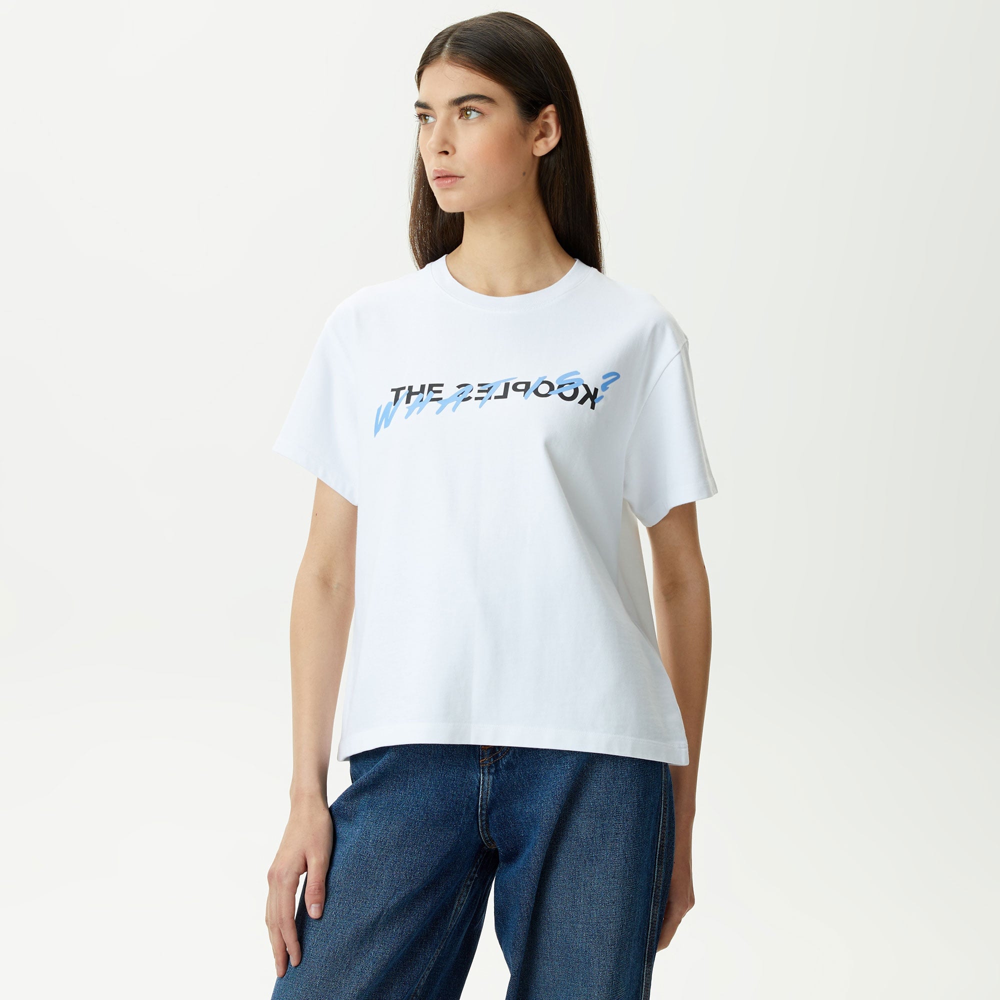 KADIN BASKILI BİSİKLET YAKA BEYAZ T-SHIRT