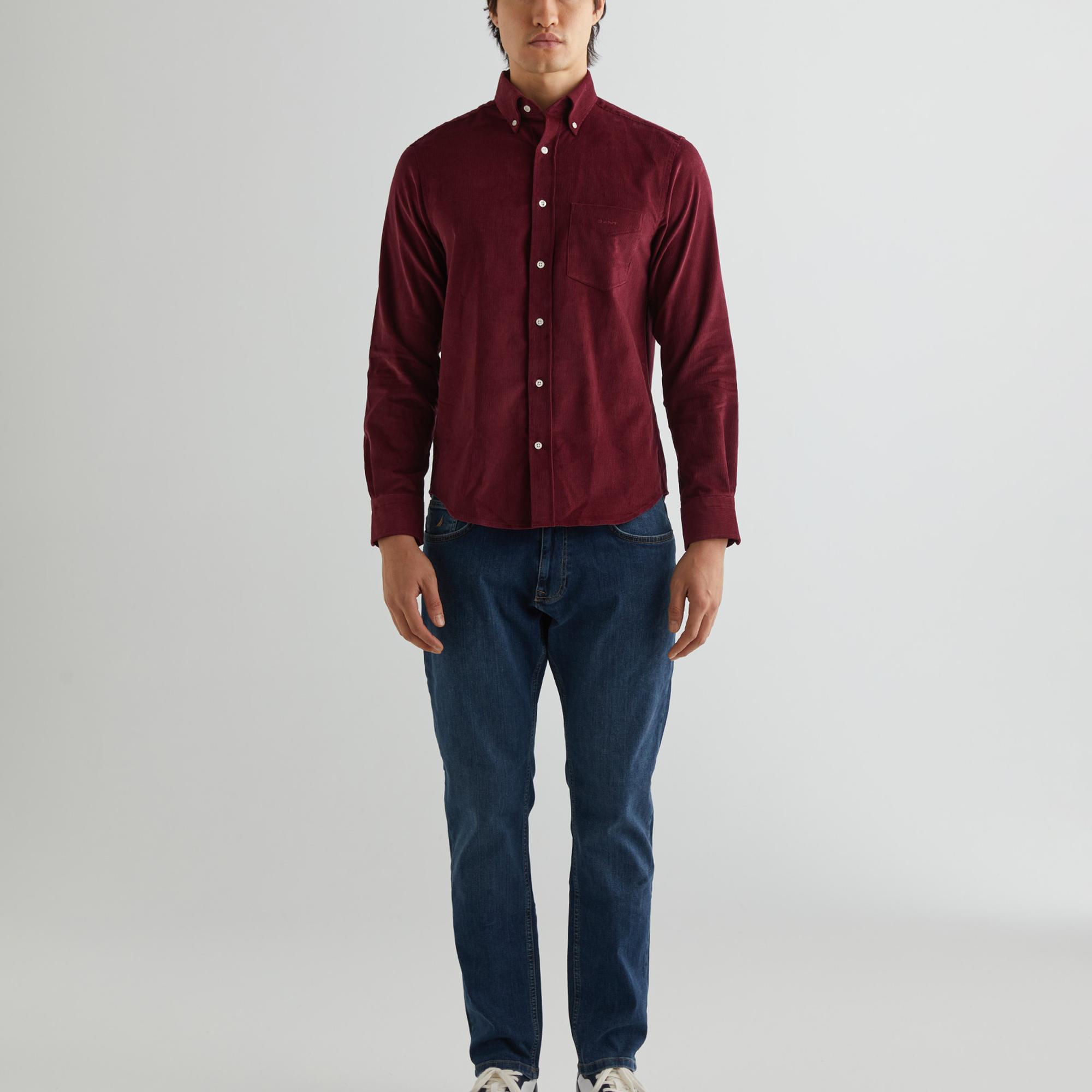 GANT Erkek Bordo Regular Fit Düğmeli Yaka Kadife Gömlek