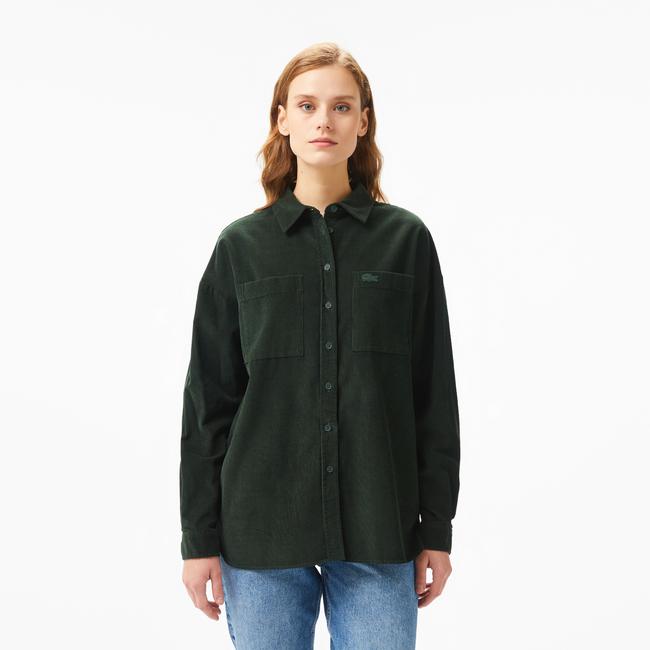  Kadın Relaxed Fit Koyu Yeşil Gömlek