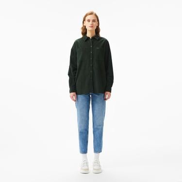  Kadın Relaxed Fit Koyu Yeşil Gömlek