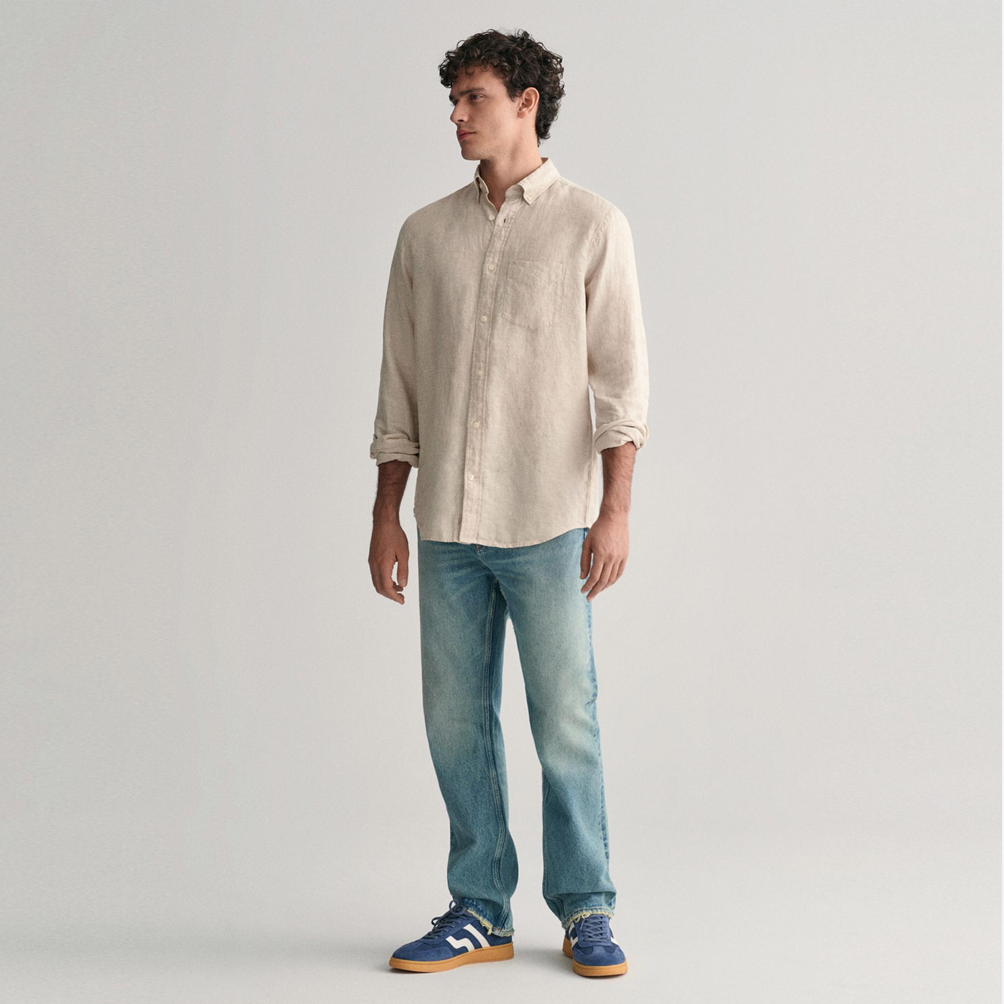 GANT Erkek Bej Regular Fit Düğmeli Yaka Keten Gömlek