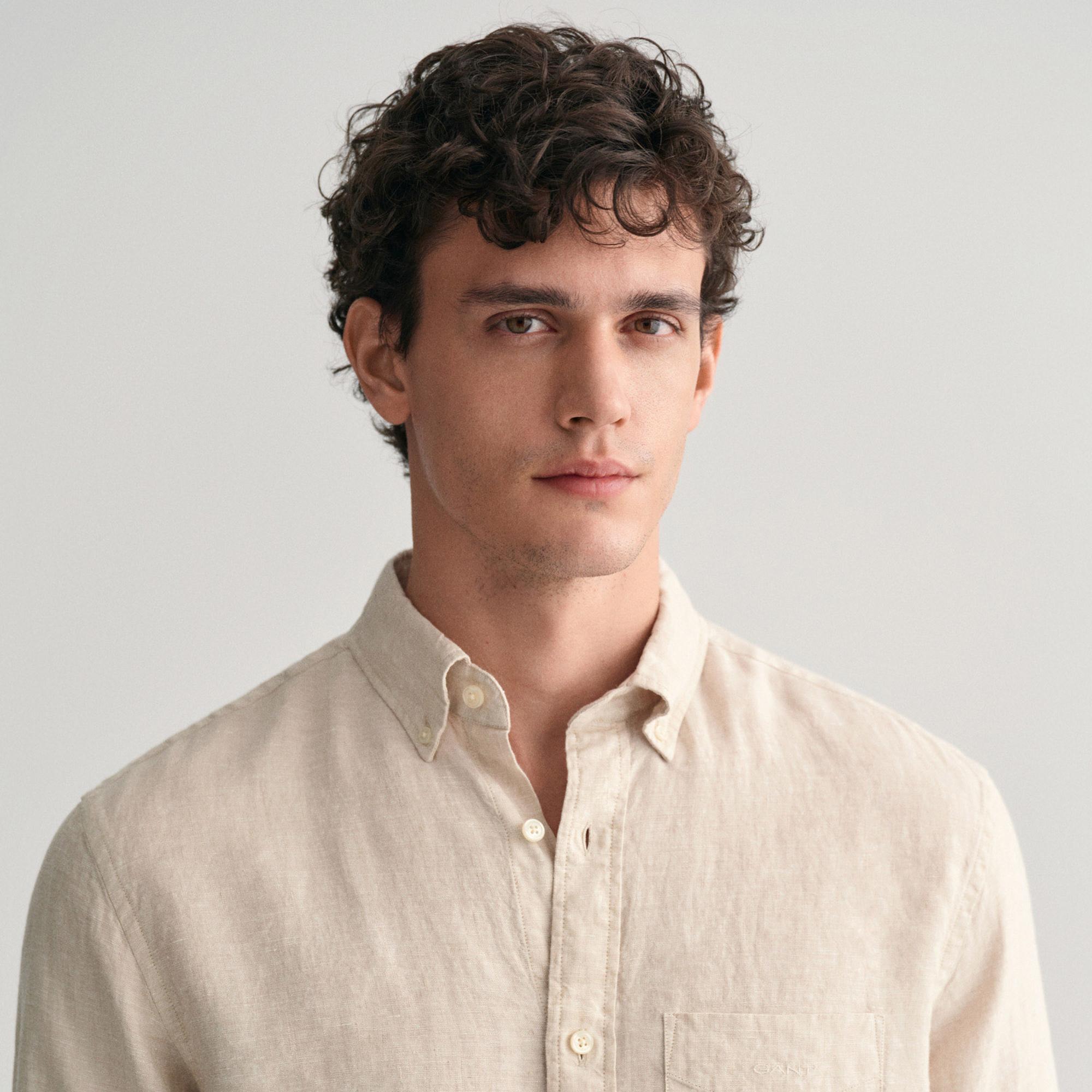 GANT Erkek Bej Regular Fit Düğmeli Yaka Keten Gömlek