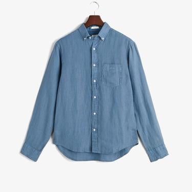  GANT Erkek Mavi Regular Fit Düğmeli Yaka Keten Gömlek