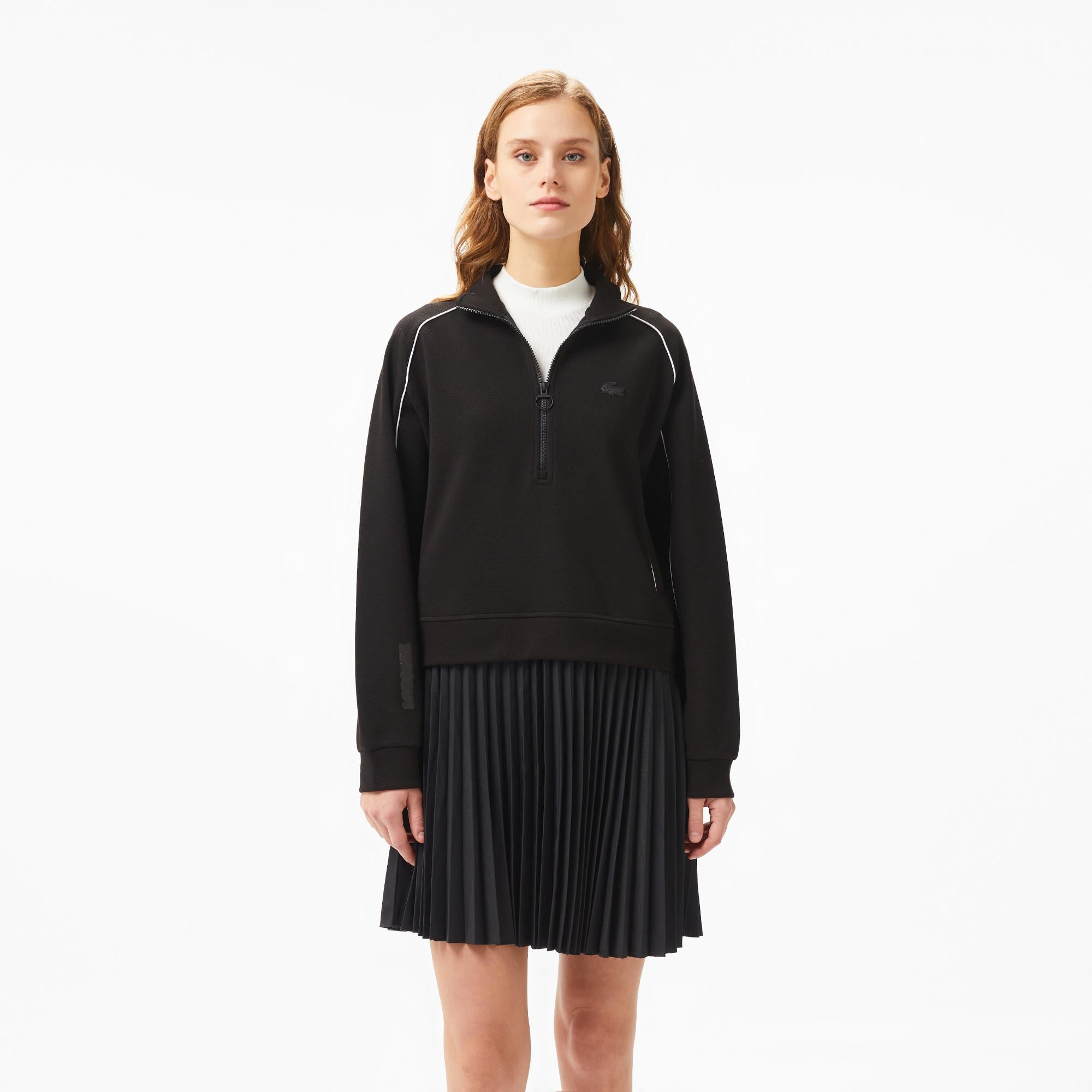Lacoste Kadın Flare Fit Uzun Kollu Fermuarlı Yaka Koyu Siyah Elbise