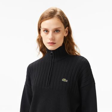  Kadın Regular Fit Yarım Fermuarlı Renk Bloklu Siyah Kazak