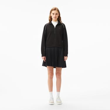  Kadın Flare Fit Uzun Kollu Yarım Fermuarlı Yaka Siyah Elbise