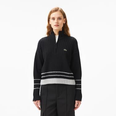  Kadın Regular Fit Yarım Fermuarlı Renk Bloklu Siyah Kazak