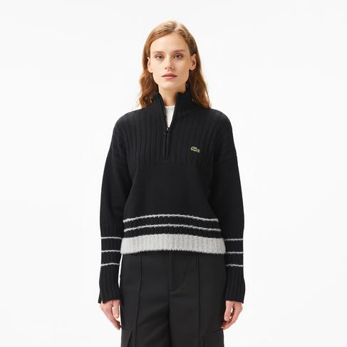  Kadın Regular Fit Yarım Fermuarlı Renk Bloklu Siyah Kazak