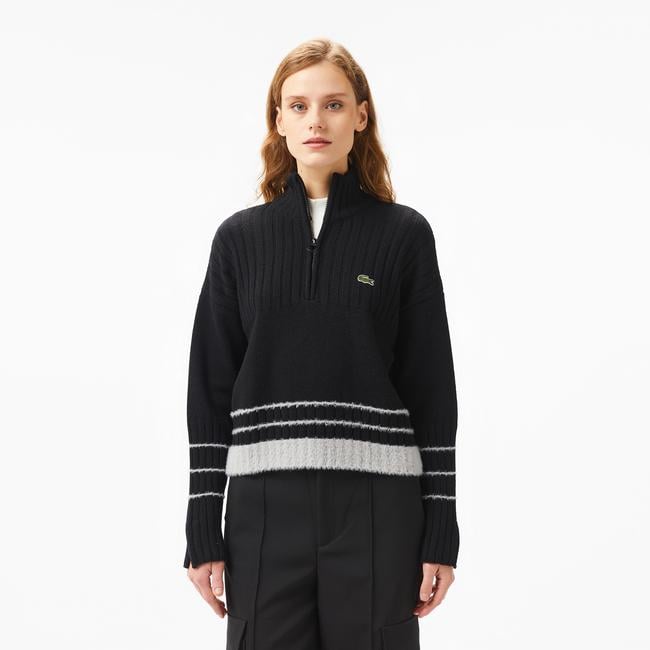  Kadın Regular Fit Yarım Fermuarlı Renk Bloklu Siyah Kazak