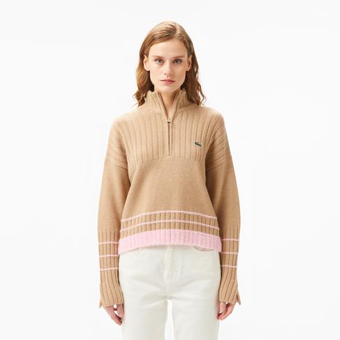  Kadın Regular Fit Yarım Fermuarlı Renk Bloklu Bej Kazak