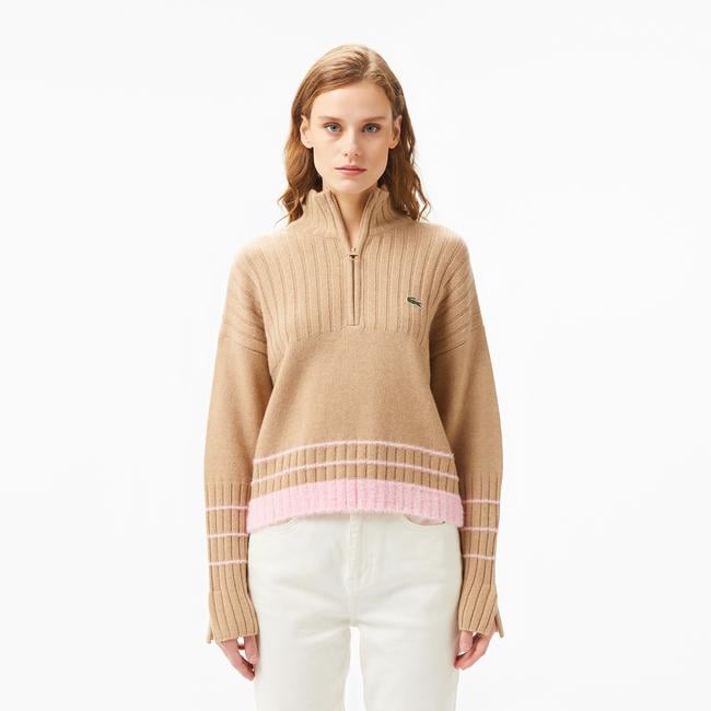  Kadın Regular Fit Yarım Fermuarlı Renk Bloklu Bej Kazak