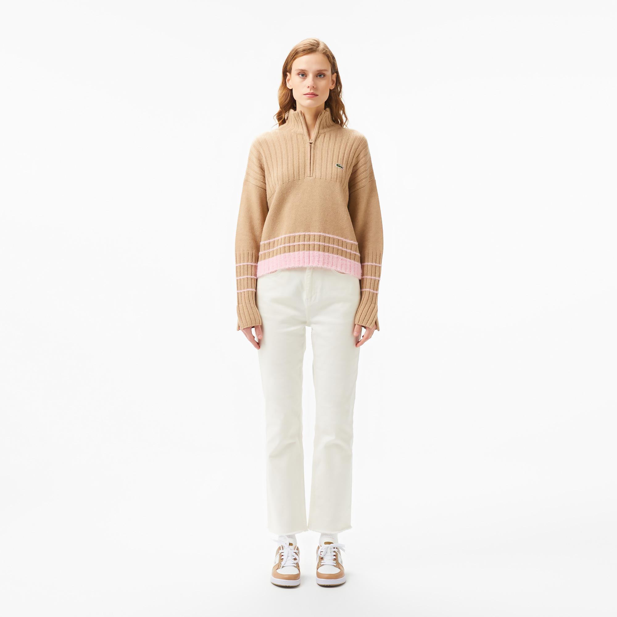 Kadın Regular Fit Yarım Fermuarlı Renk Bloklu Bej Kazak