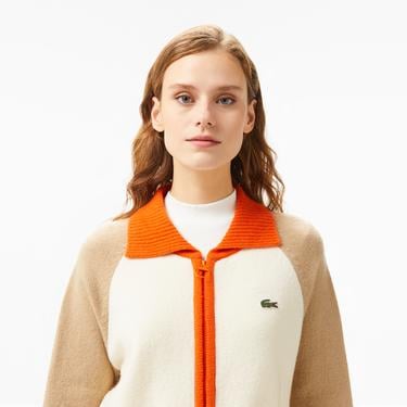  Kadın Relaxed Fit Fermuarlı Renk Bloklu Bej Triko