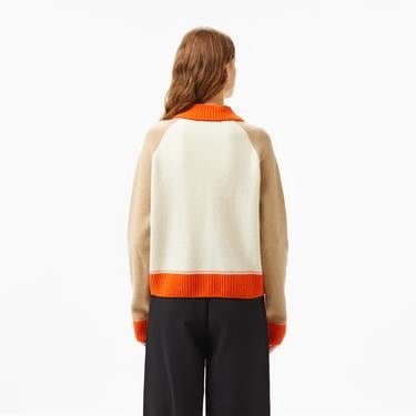  Kadın Relaxed Fit Fermuarlı Renk Bloklu Bej Triko