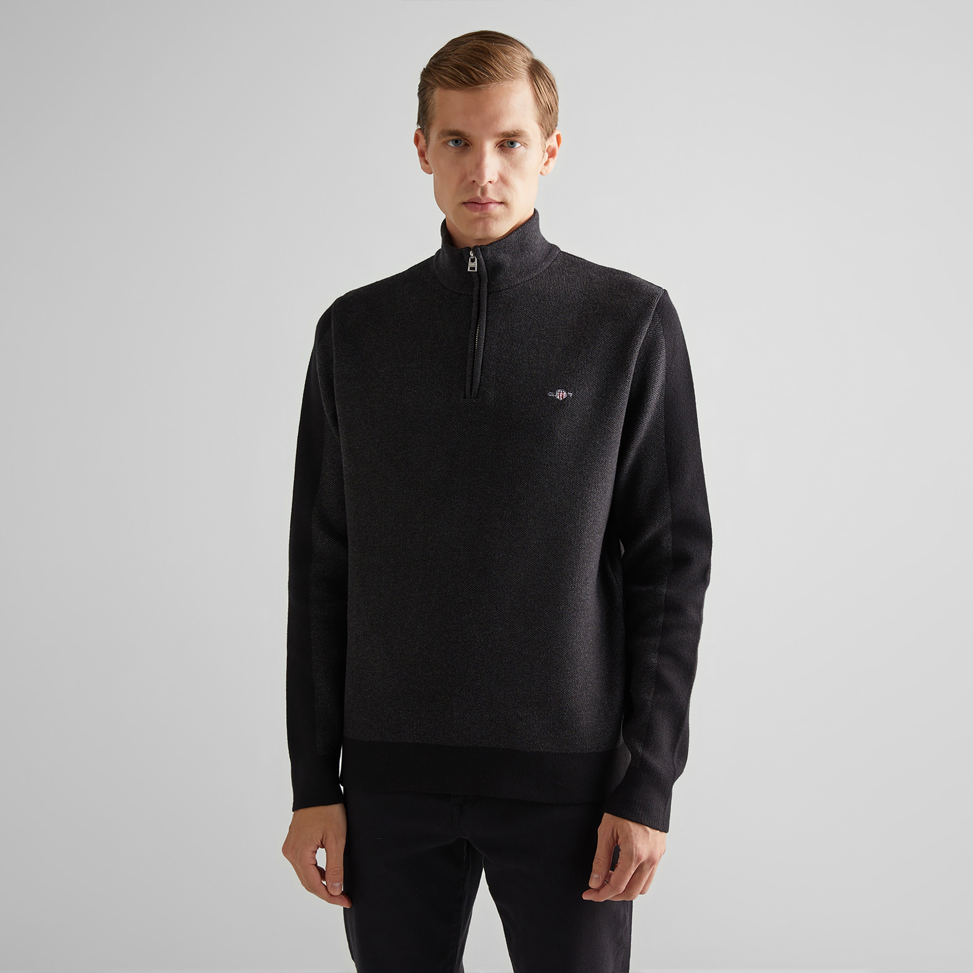 GANT Erkek Siyah Relaxed Fit Yarım Fermuarlı Kazak