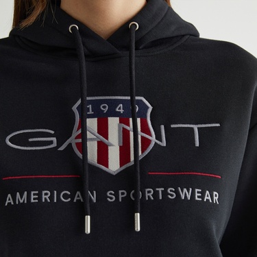  GANT Kadın Siyah Relaxed Fit Kapüşonlu Logolu Sweatshirt