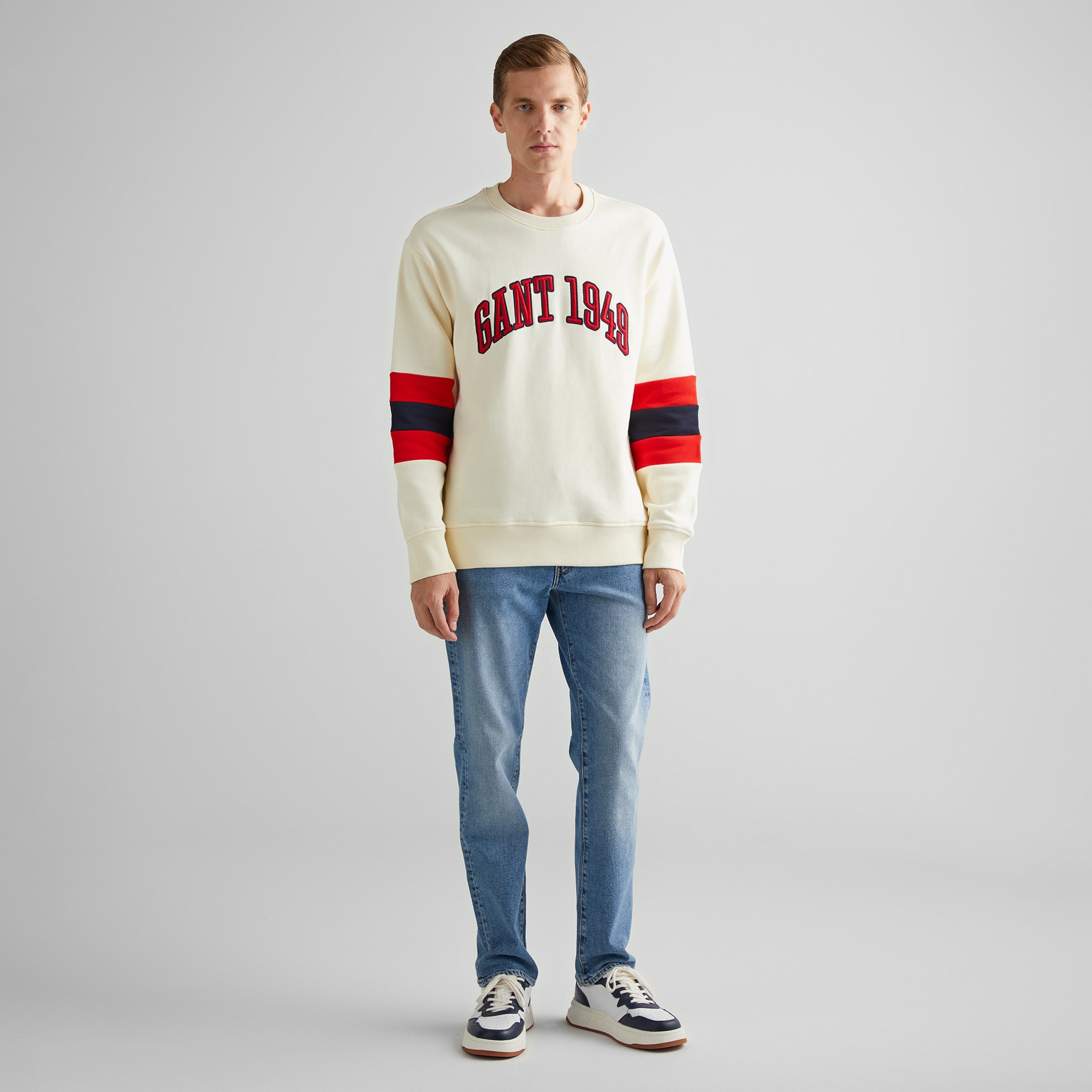 GANT Erkek Krem Relaxed Fit Bisiklet Yaka Renk Bloklu Sweatshirt