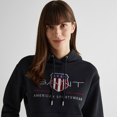  GANT Kadın Siyah Relaxed Fit Kapüşonlu Logolu Sweatshirt
