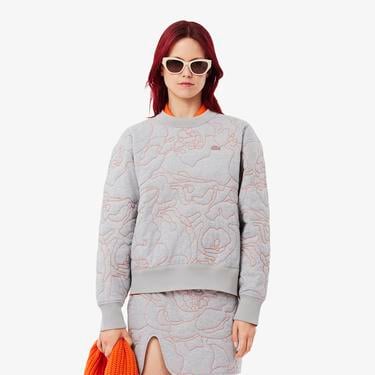  Kadın Oversize Fit Bisiklet Yaka Çift Taraflı Desenli Gri Sweatshirt