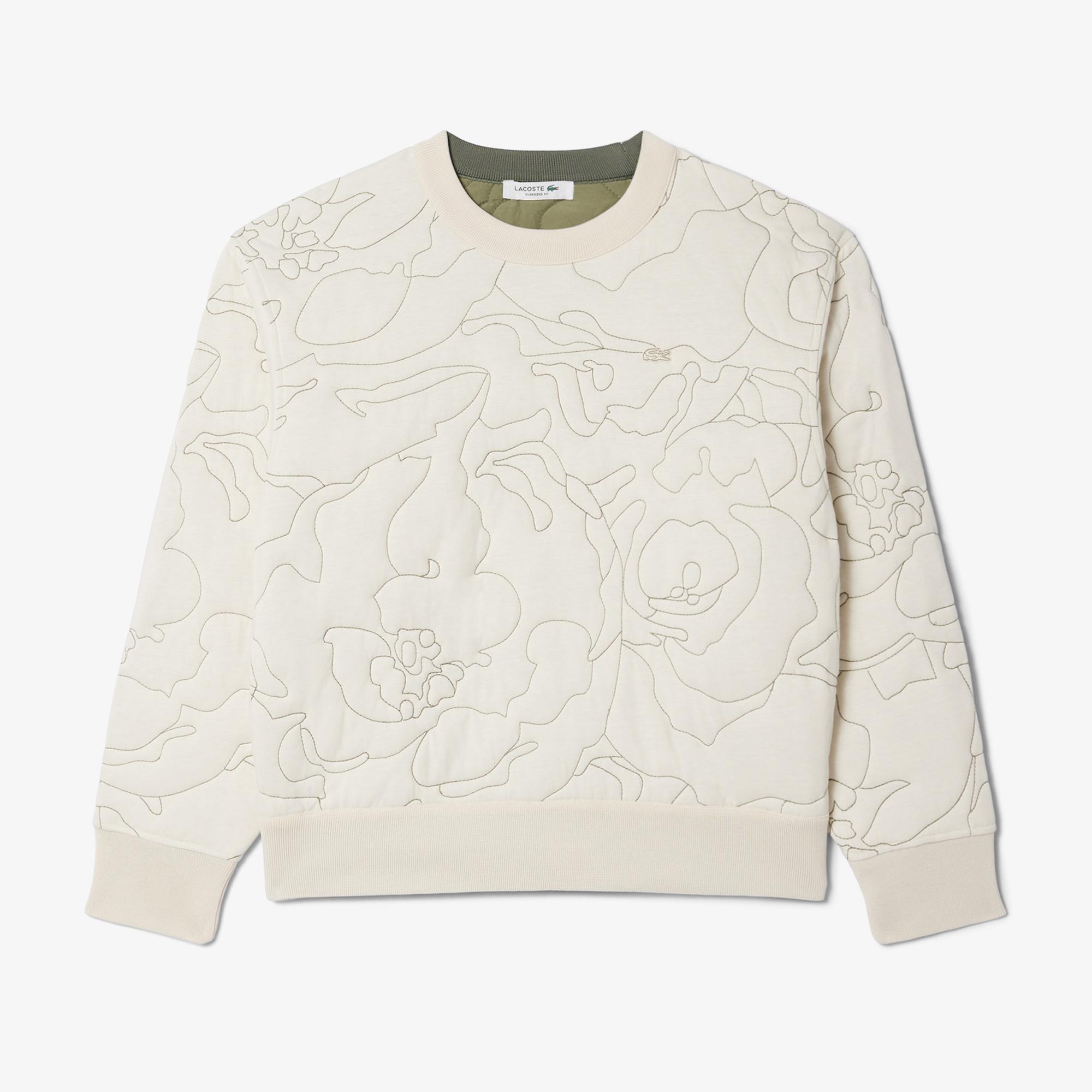 Kadın Oversize Fit Bisiklet Yaka Çift Taraflı Desenli Krem Sweatshirt