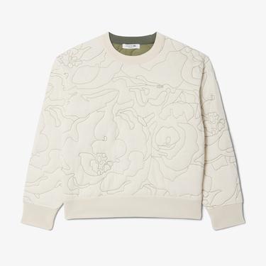  Kadın Oversize Fit Bisiklet Yaka Çift Taraflı Desenli Krem Sweatshirt