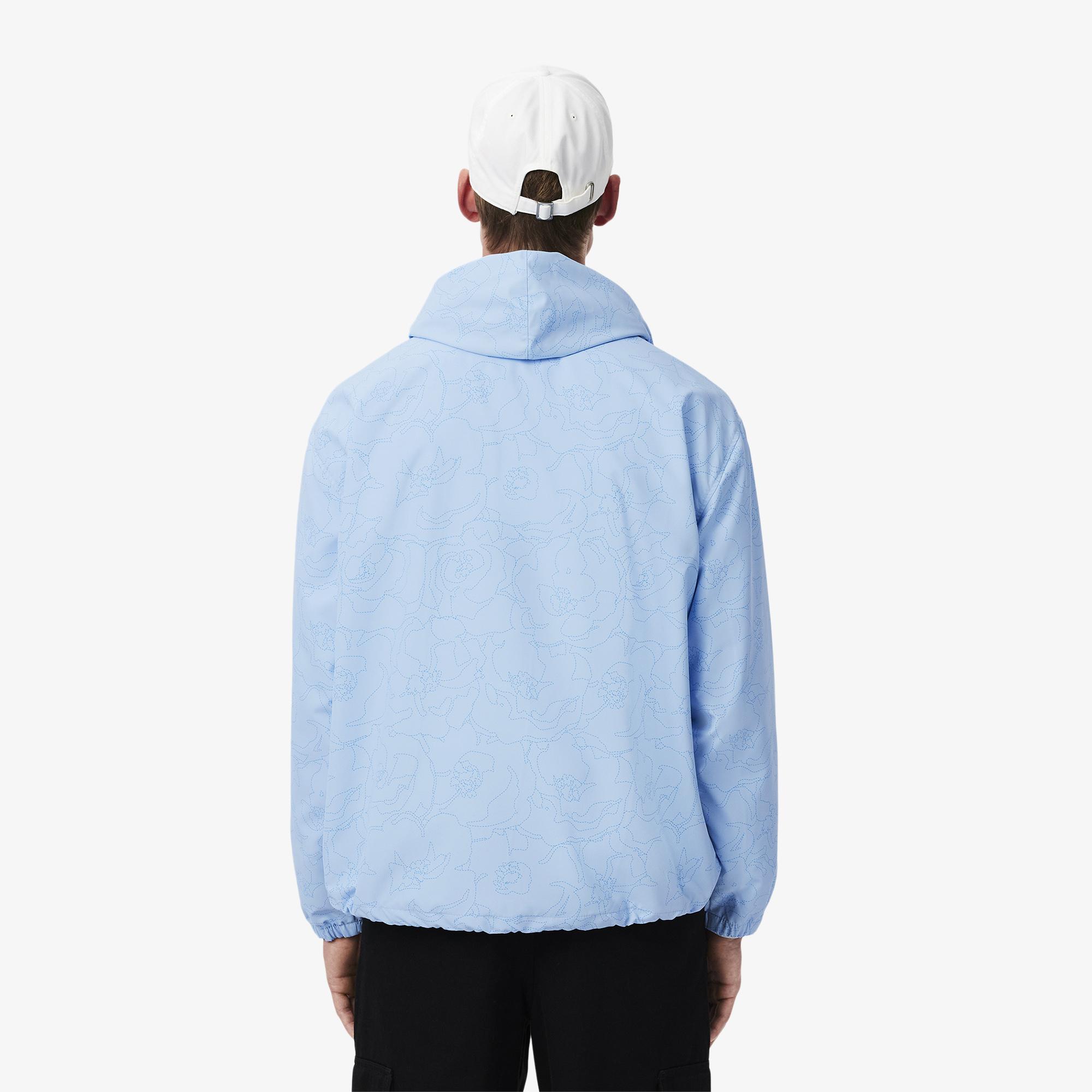 Erkek Regular Fit Kapüşonlu Desenli Mavi Rüzgarlık