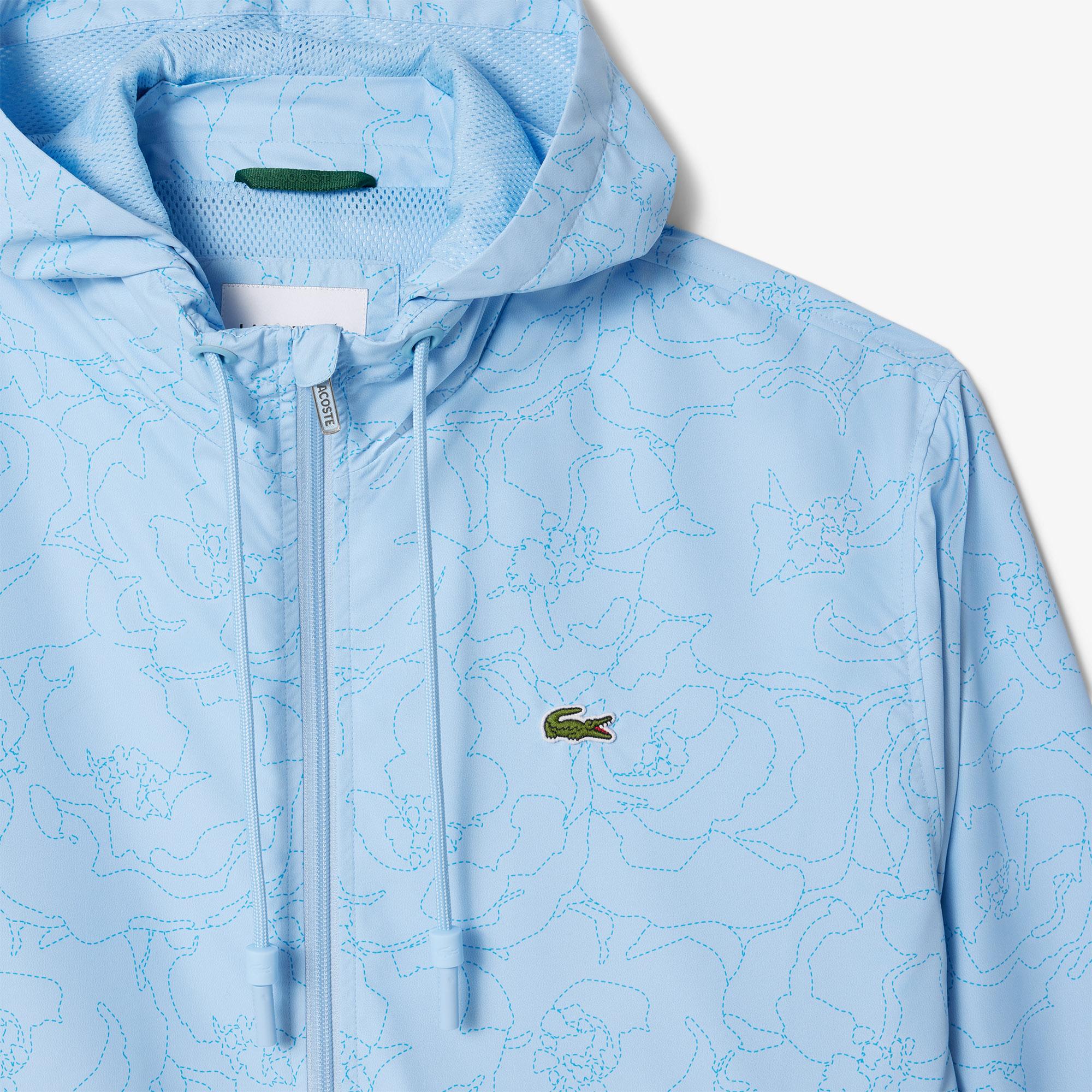 Erkek Regular Fit Kapüşonlu Desenli Mavi Rüzgarlık