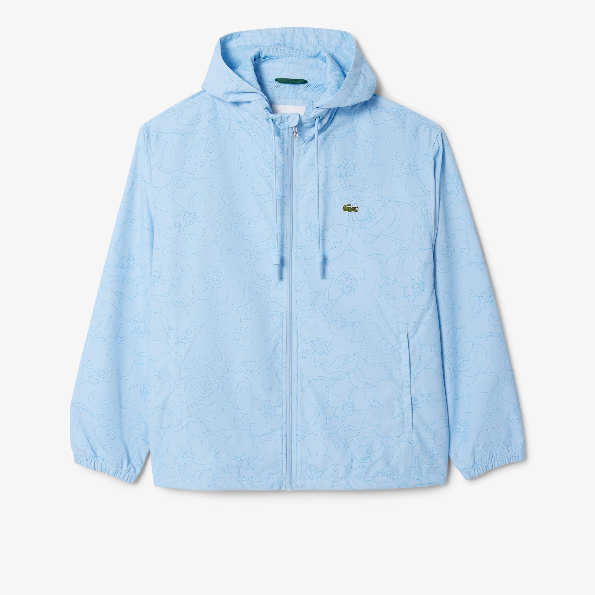 Erkek Regular Fit Kapüşonlu Desenli Mavi Rüzgarlık