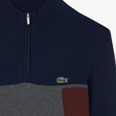  Erkek Relaxed Fit Yarım Fermuarlı Renk Bloklu Lacivert Kazak