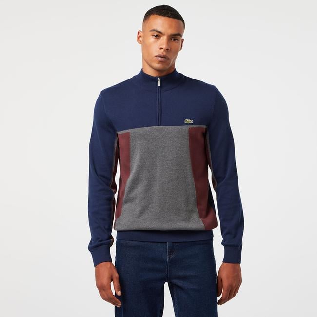  Erkek Relaxed Fit Yarım Fermuarlı Renk Bloklu Lacivert Kazak