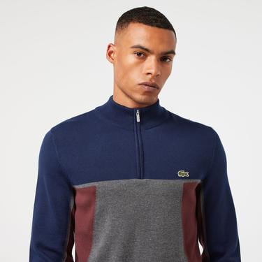  Erkek Relaxed Fit Yarım Fermuarlı Renk Bloklu Lacivert Kazak