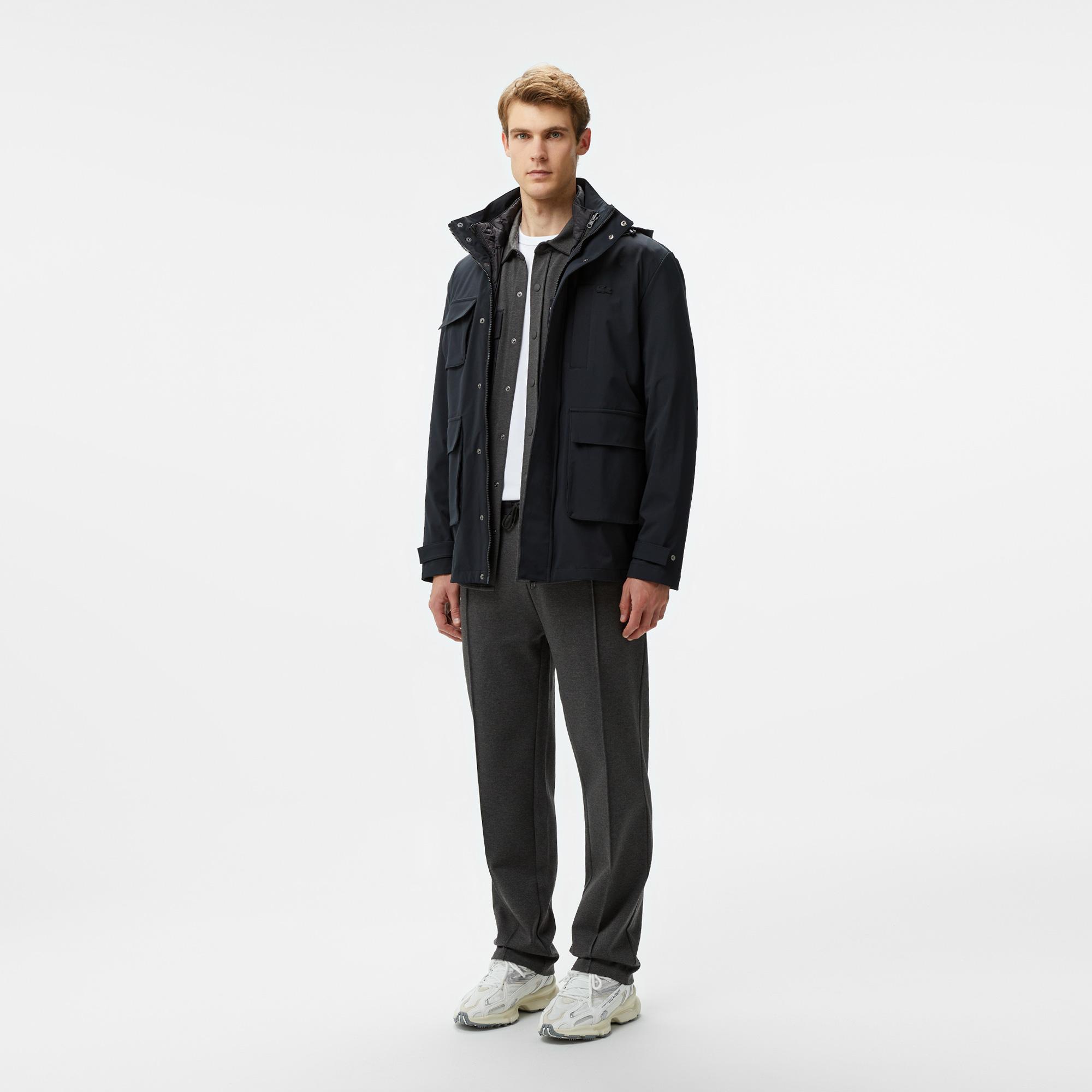 Erkek Regular Fit Kapüşonlu Baskılı Siyah Yağmurluk