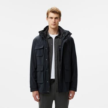  Erkek Regular Fit Kapüşonlu Baskılı Siyah Yağmurluk