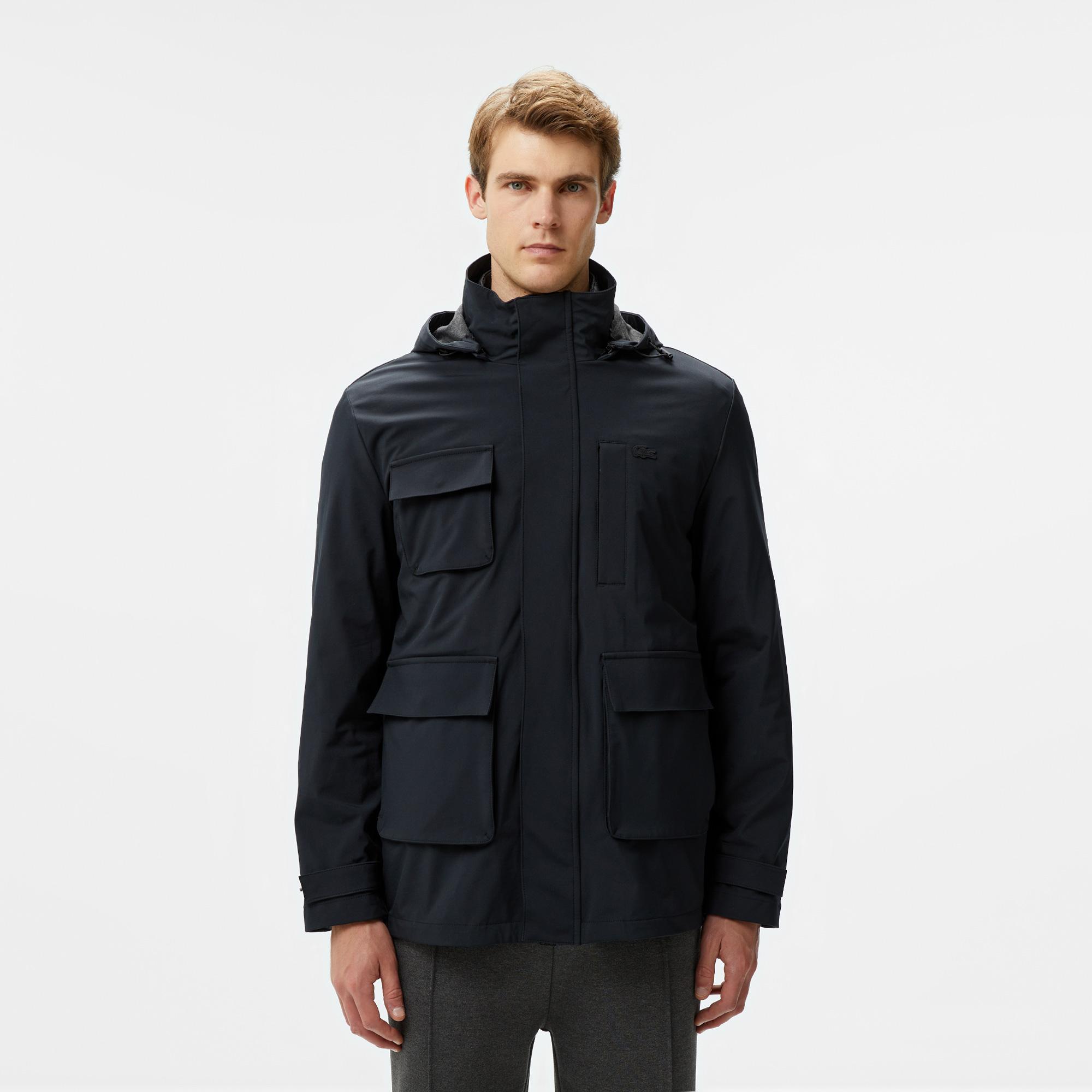 Erkek Regular Fit Kapüşonlu Baskılı Siyah Yağmurluk