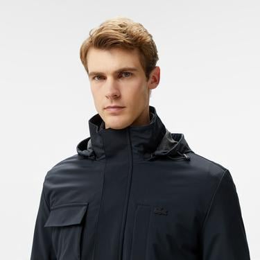  Erkek Regular Fit Kapüşonlu Baskılı Siyah Yağmurluk