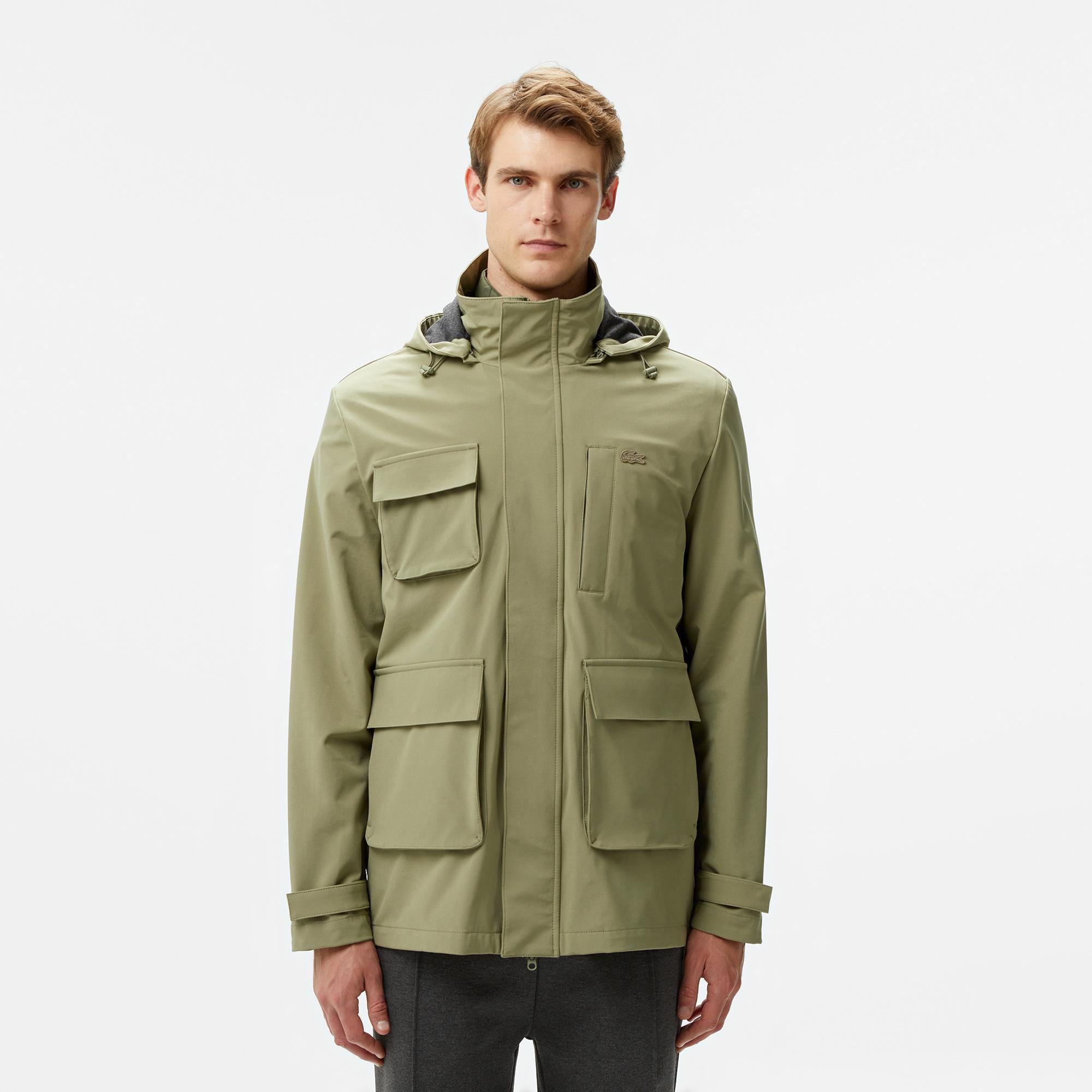 Erkek Regular Fit Kapüşonlu Baskılı Haki Yağmurluk