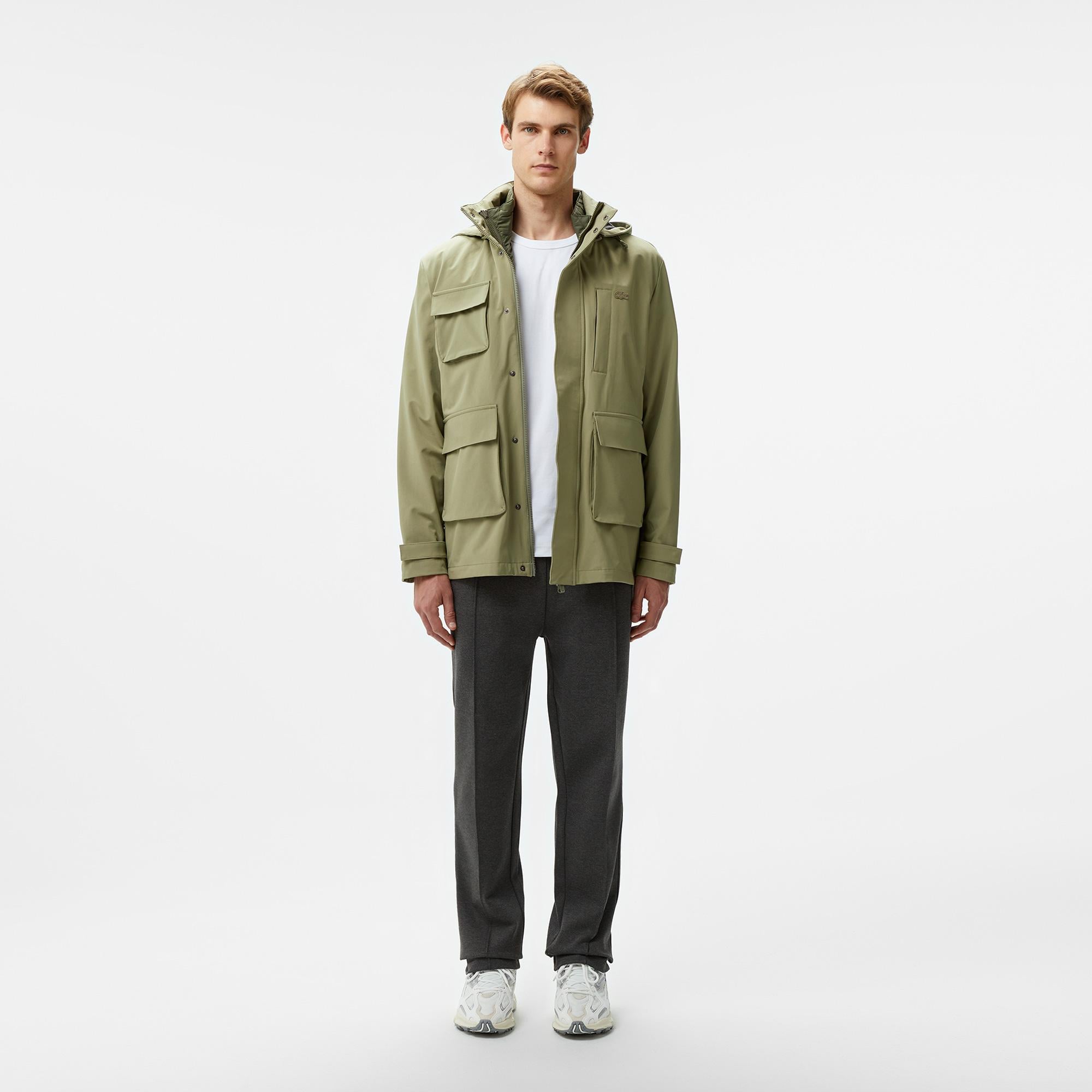 Erkek Regular Fit Kapüşonlu Baskılı Haki Yağmurluk