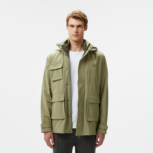  Erkek Regular Fit Kapüşonlu Baskılı Haki Yağmurluk