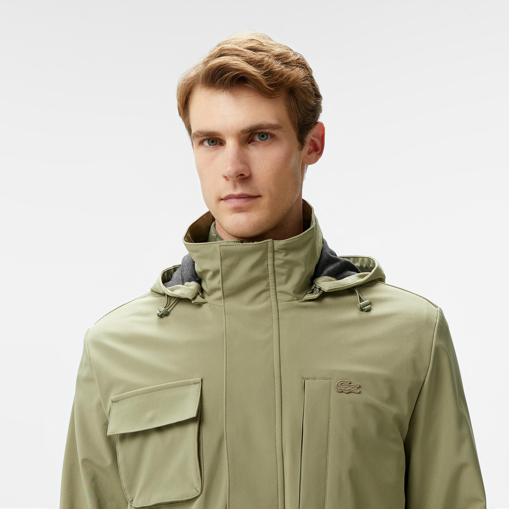 Erkek Regular Fit Kapüşonlu Baskılı Haki Yağmurluk