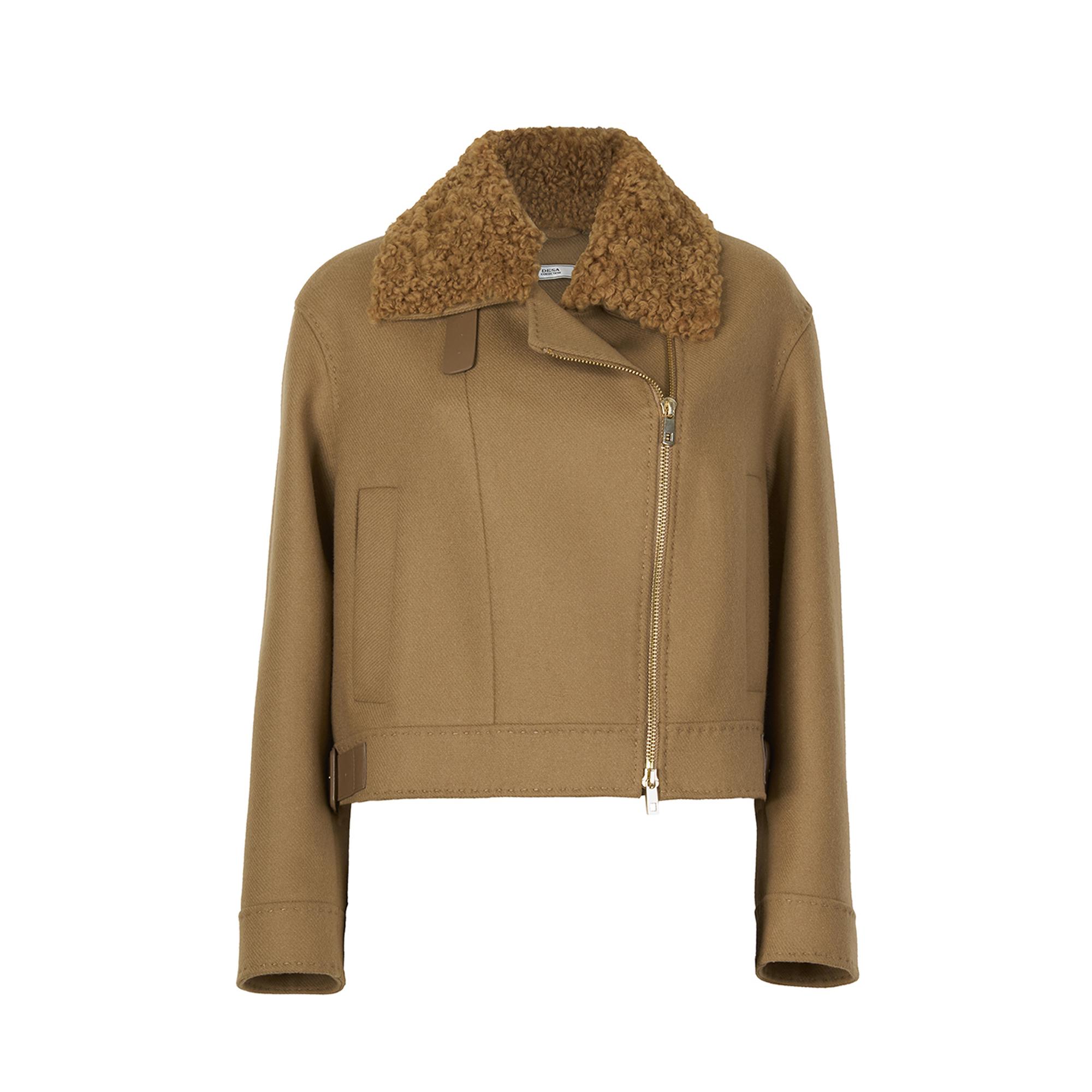 Rigella Kahve Yakası Kürklü Kadın Biker Ceket