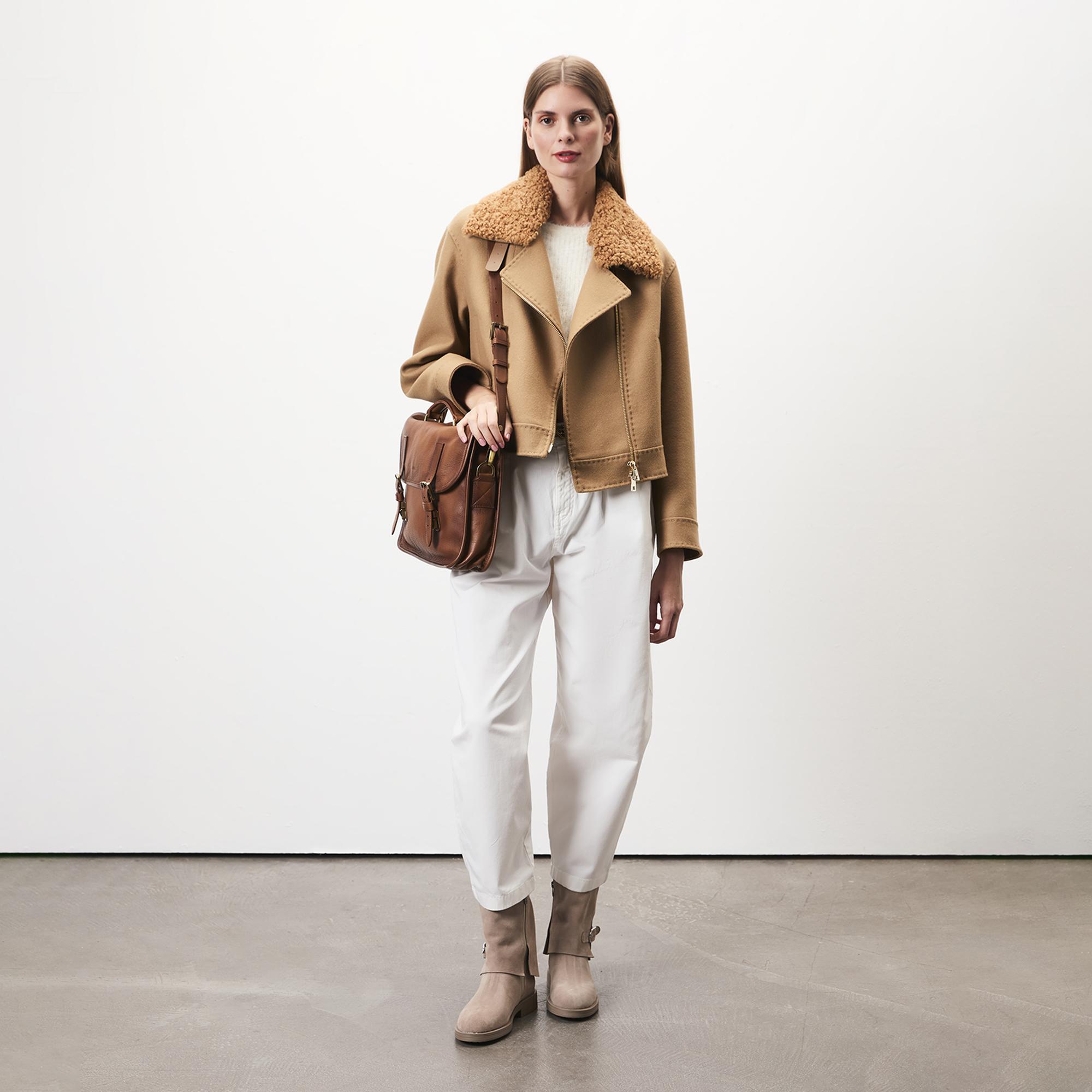 Rigella Kahve Yakası Kürklü Kadın Biker Ceket