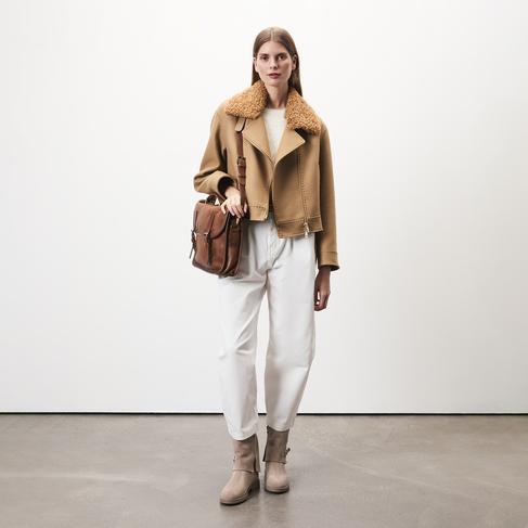  Rigella Kahve Yakası Kürklü Kadın Biker Ceket