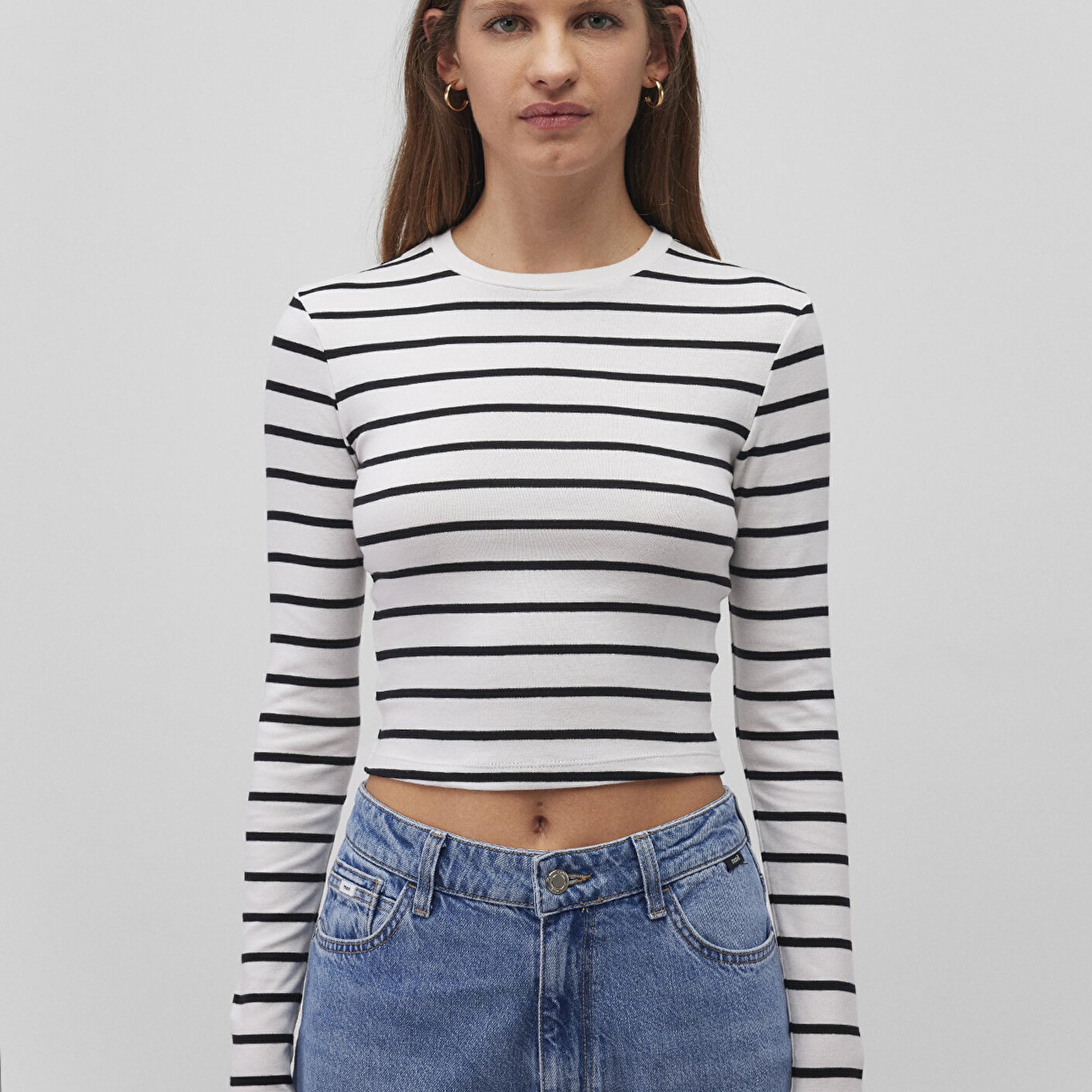 Mavi Uzun Kollu Çizgili Crop Basic Tişört Crop / Kısa Kesim 1612822-85407