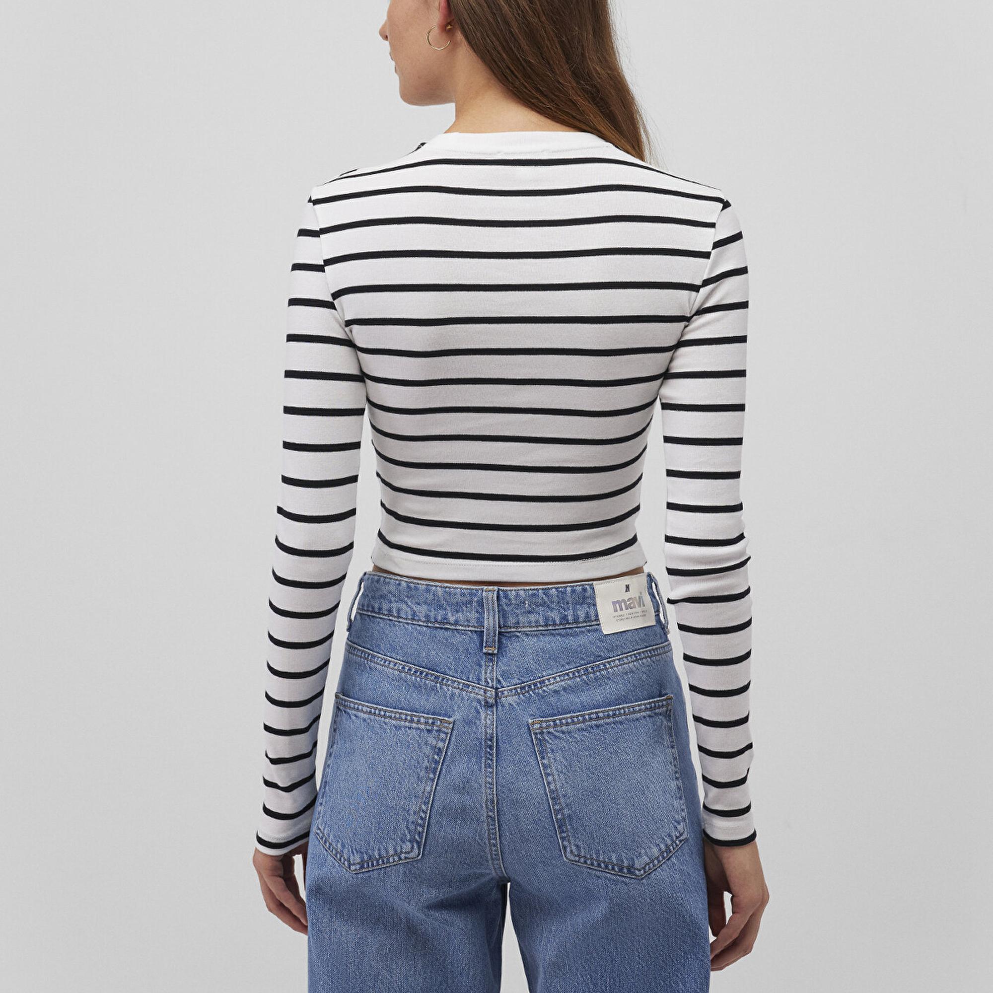 Mavi Uzun Kollu Çizgili Crop Basic Tişört Crop / Kısa Kesim 1612822-85407