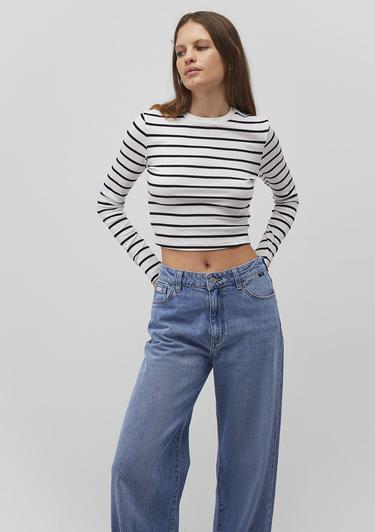  Mavi Uzun Kollu Çizgili Crop Basic Tişört Crop / Kısa Kesim 1612822-85407