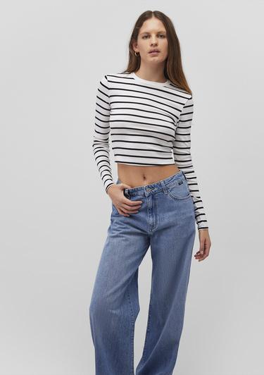  Mavi Uzun Kollu Çizgili Crop Basic Tişört Crop / Kısa Kesim 1612822-85407