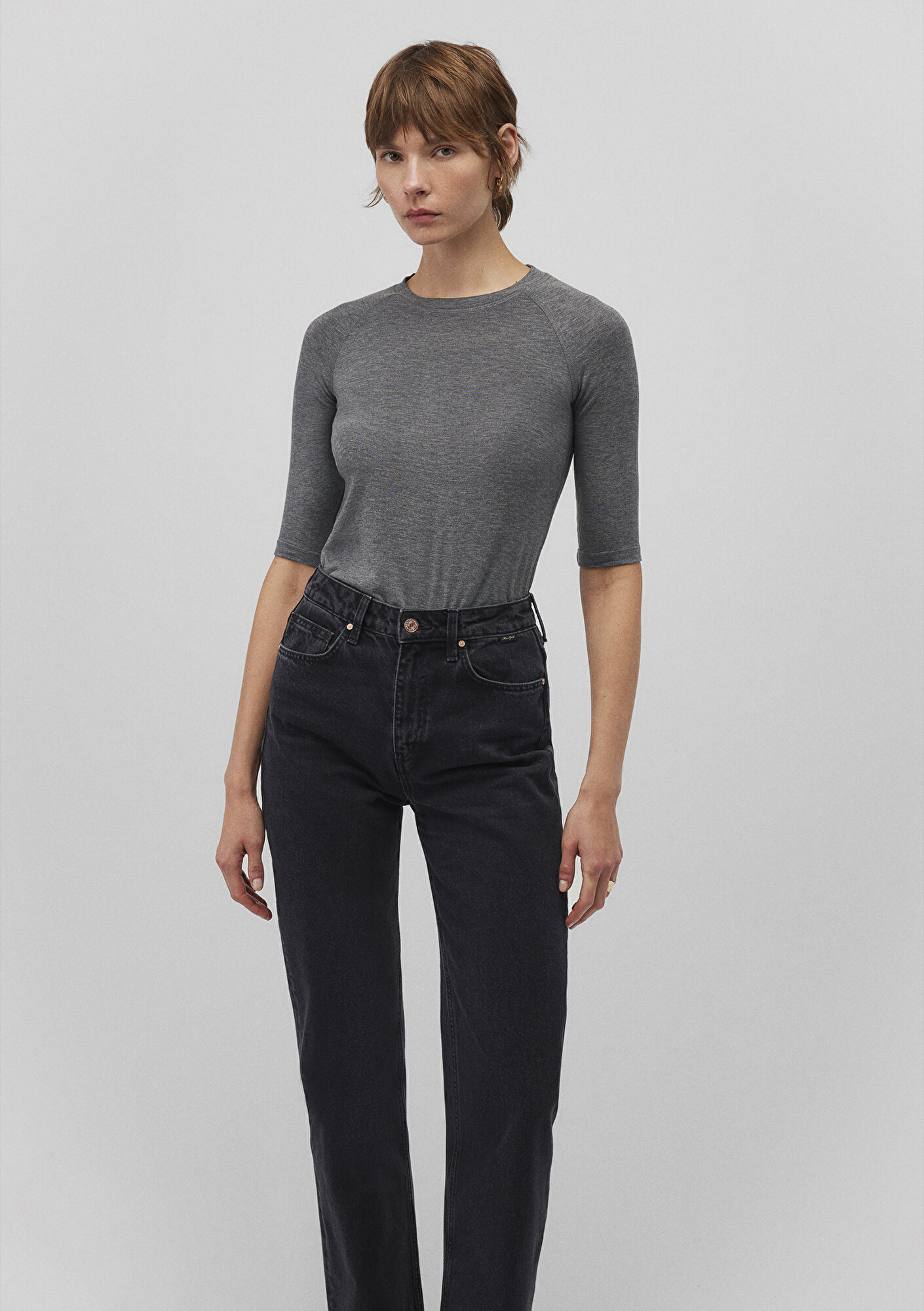  Mavi Yarım Kollu Antrasit Tişört Fitted / Vücuda Oturan Kesim 1612819-80024