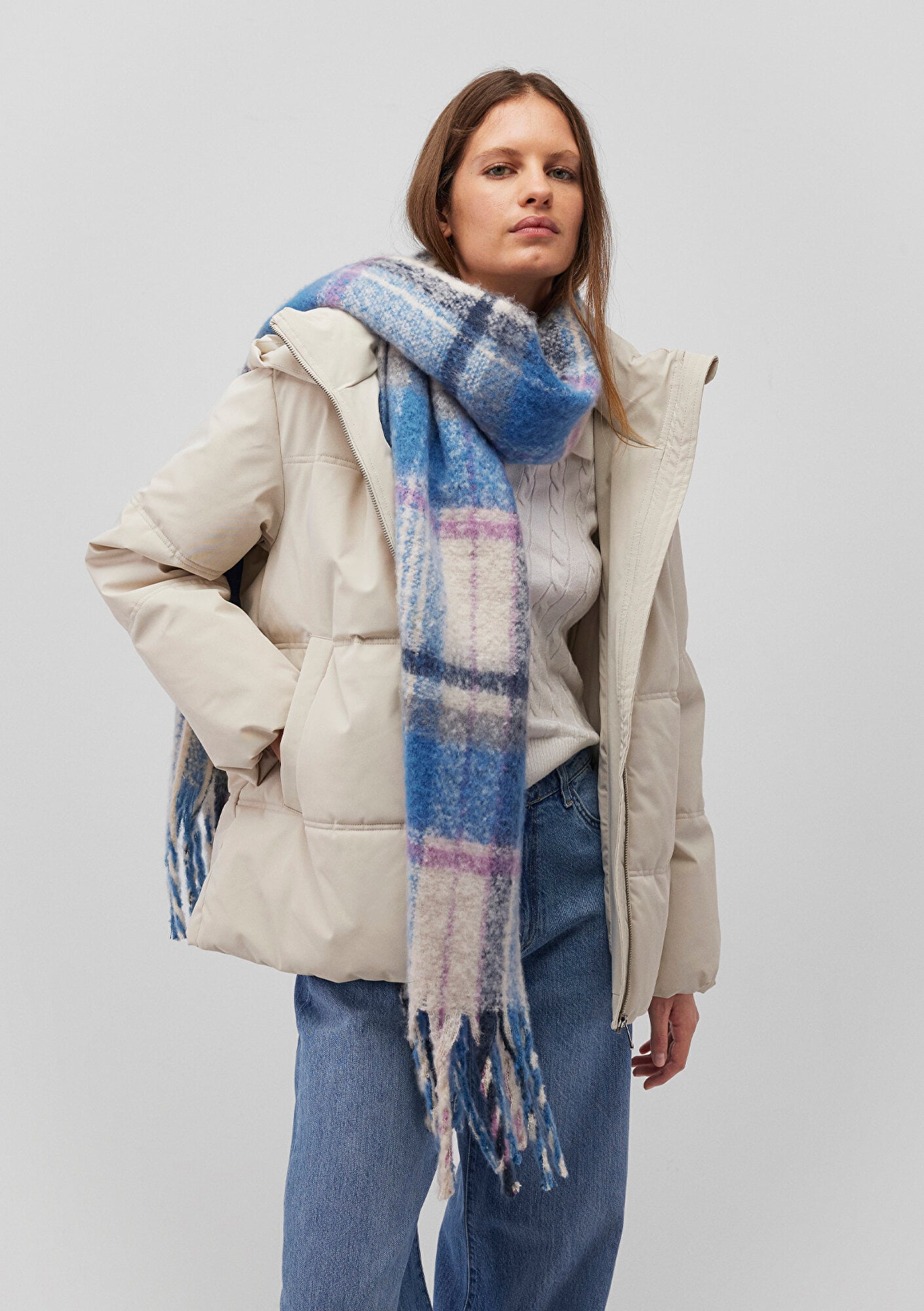  Mavi Püsküllü Kareli Atkı 1912810-28616